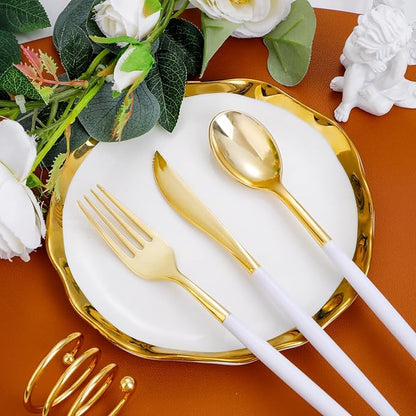 I00000 300 Pcs Gold Plastic Silverware - Gold Disposable Silverware - Premium White Cutlery Set Include 100 Forks 100 Knives 100 Spoons,Plastic Cutlery Party Set for Party & Wedding