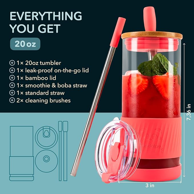 Pandaloo® Glass Cups With Lids and Straws -20 Fl Oz- Perfect Size Iced Coffee - Image 2