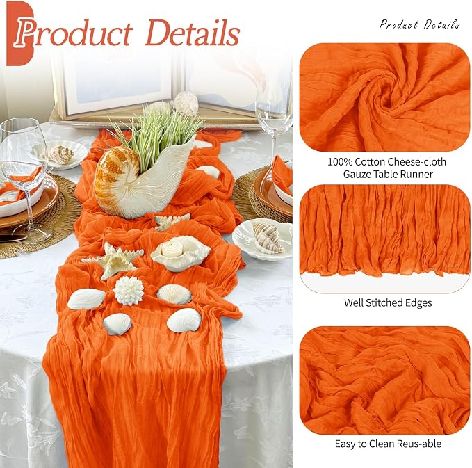 3 Pack Orange Cheesecloth Table Runner 17x108 Inch Semi Sheer Boho Gauze Cheese - Image 5