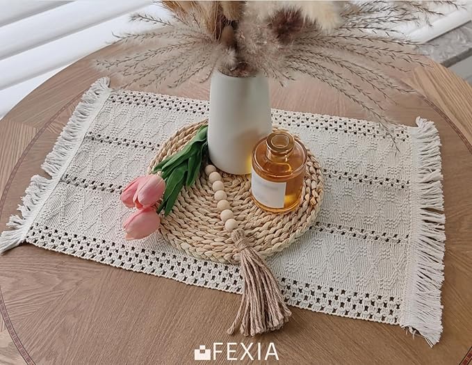 Beige Boho Placemats Set of 6 Table Mats Farmhouse Home Dining Decor | 12x20" - Image 4