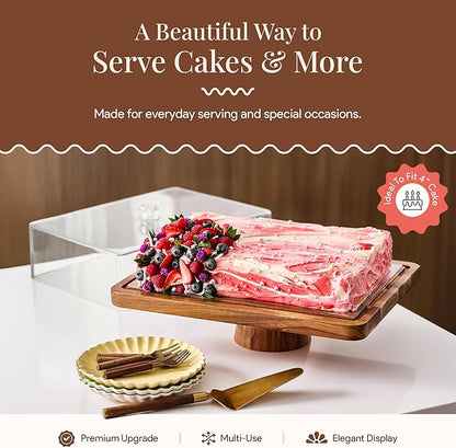 Acacia Wood Valentine Cake Stand with Lid - Rectangle Holder for Valentine's Baking, 2-in-1 Dessert Display & Charcuterie Board, Valentine's Day Serving Platter, Acrylic Dome Cover