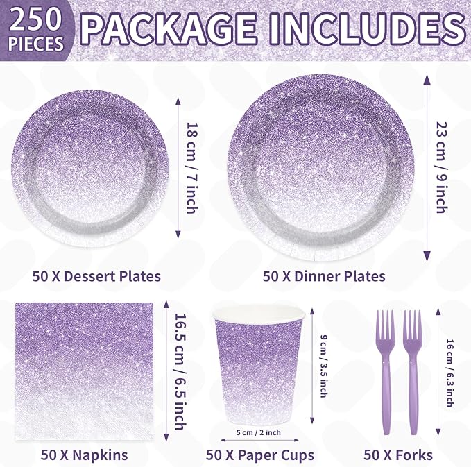 250Pcs Ombre Gradient Purple Birthday Party Decorations Serves 50 | Purple - Image 2