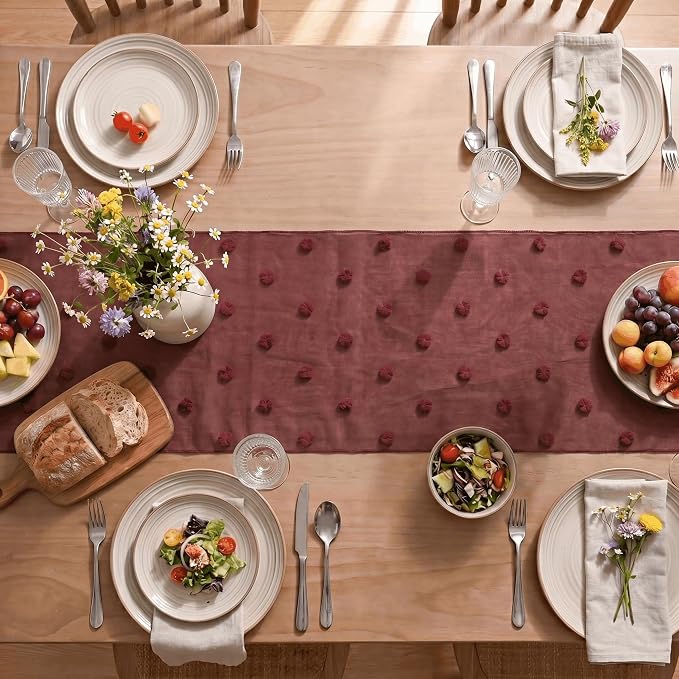 Artoid Mode Red Pom Pom Tulle Table Runner, Seasonal Christmas Washable Kitchen - Image 3