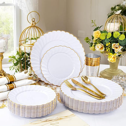 YOUBET 350PCS Gold Scalloped Plastic Plates - White and Gold Disposable Dinnerware Set Include 100 Plates, 150 Gold Silverware, 50 Cups, 50 Napkins for Wedding Party