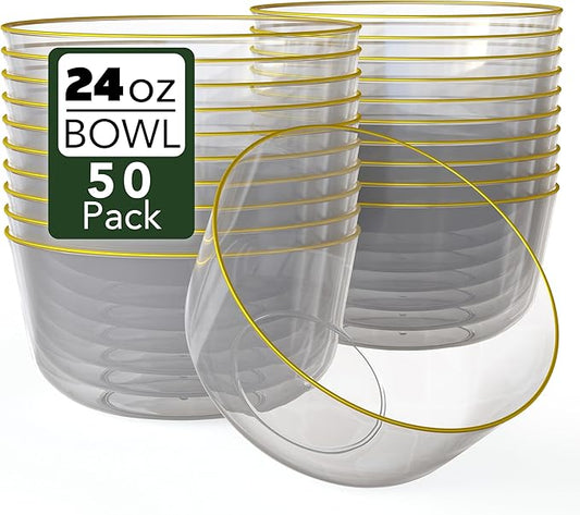 Trendables Plastic Bowls Disposable Bowls: Gold Rimmed, Salad & Serving, Ice Cream & Candy Bowls (24 Oz) - Set of 50