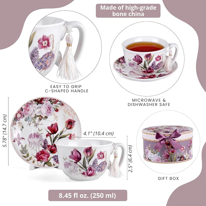STP GOODS Bone China Tea/Coffee Cup and Saucer in Gift Box Fine Bone China - Image 2