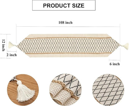 Table Runner, Boho Style with Tassels, Cotton & Linen, Farmhouse Home Decor - Image 3