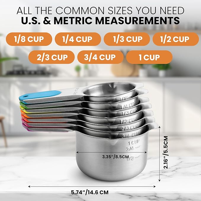 Spring Chef Magnetic Stainless Steel Measuring Cups Set of 7 Patented, Neon | - Image 3