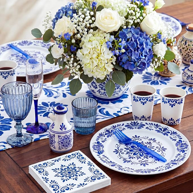 96 Pcs Cielito Lindo Party Supplies De Barro Mexican Talavera Blue Party Plates - Image 2
