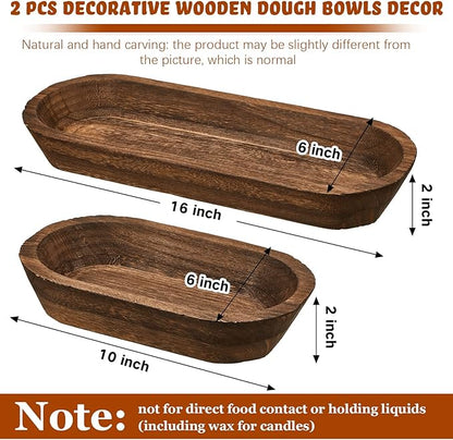 Tessco 2 Pcs Wooden Dough Bowl for Home Rustic Bread Long Wooden Bowl for Kitchen Dining Table Home Decoration(10 x 6 x 2 Inch, 16 x 6 x 2 Inch,Brown)