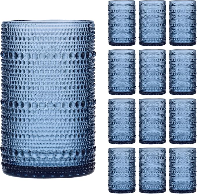 Moretoes Large 15oz Blue Hobnail Drinking Glass Set of 12 | Vintage Glassware by Moretoes