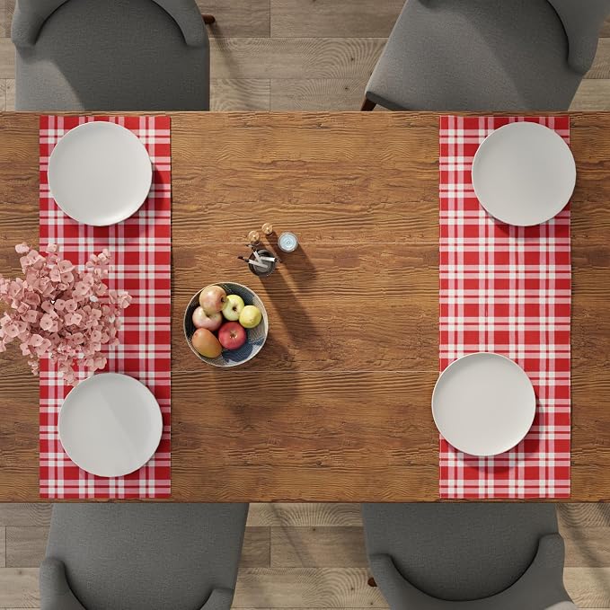 Encasa XO Table Runner, Woven Cotton Dining Runner 13"x36" | Franca Red Checks - Image 6
