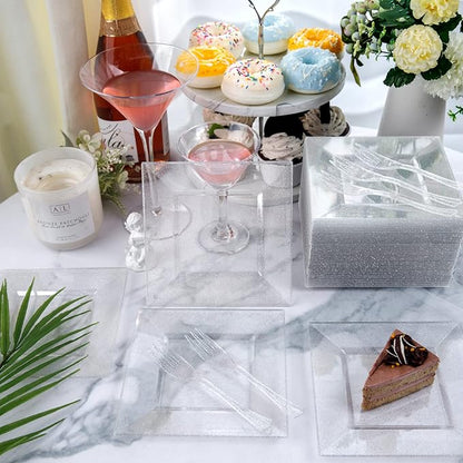 DaYammi 200Pcs Dessert Plates Set Including:100Pcs Cake Plates 6" with 100Pcs Silver Forks 5.7"- Silver Glitter Disposable Square Plate,Appetizer Plates and Forks Combo Bulk Set for Party Wedding