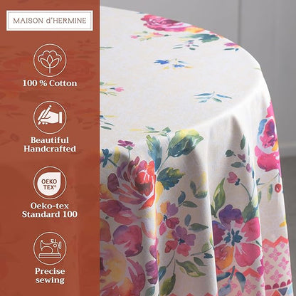 Maison d' Hermine Table Cloth Round Table 100% Cotton 63 Round Inches Tablecloth Reusable Decorative for Dining Room Farmhouse Home Valentines Day Decorations Spring Summer - Rose Garden