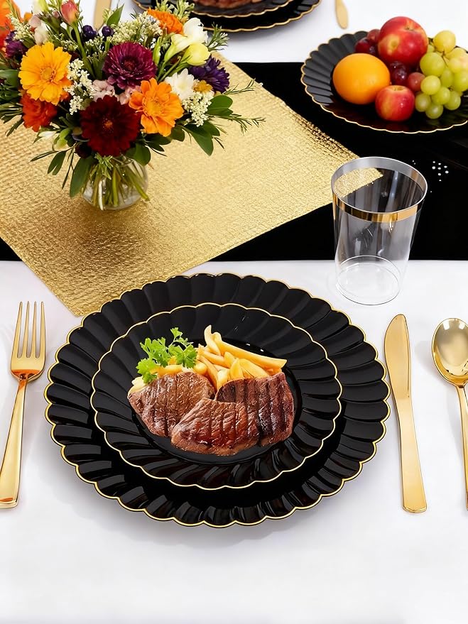 YOUBET 60PCS Black Scalloped Plastic Plates - Image 7