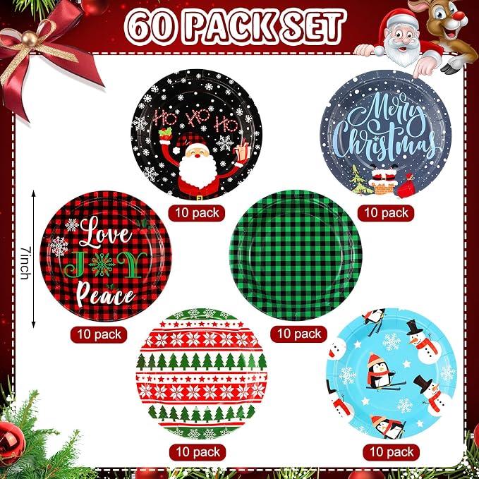 Gerrii 60 Pcs Christmas Party Plates 7 Inch Xmas Holiday Disposable Paper - Image 3