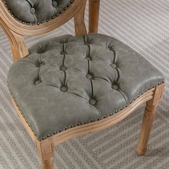 Ball & Cast French Vintage Upholstered Dining Chairs Set of 2, Button Tufted Kitchen Side-Chairs with Carved Antique Wood Frame & Nailhead Trims, PU-Leather Curved Backrest Louis Chair, PU Green
