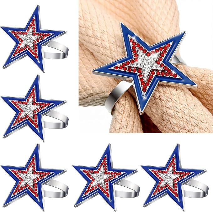 Geiserailie 6 Pieces Patriotic Napkin Rings 4th of July Star Napkin Ring Holder by Geiserailie