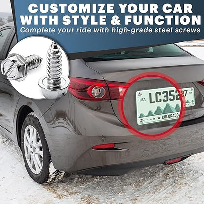 Chrome License Plate Screw Kit - Set of 4 Stainless Steel Fasteners for License Plates, Frames, and Covers on Domestic Cars, Trucks, Vans, SUVs - Rustproof, Self Tapping Mounting Bolts (Chrome Plated)