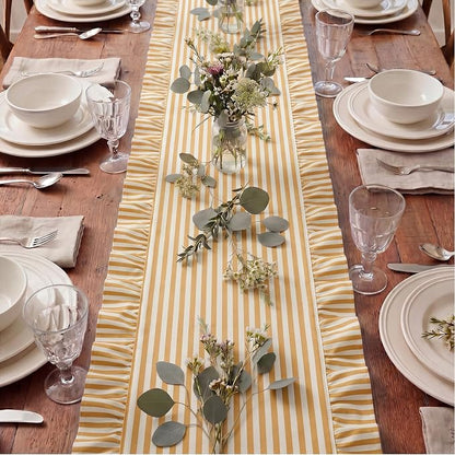 HunnmingRe Ruffle Trim Boho Table Runner Farmhouse Rustic Stripes Scalloped - Image 3