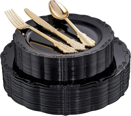 DaYammi 150Pcs Black Plastic Plates & Gold Plastic Silverware,Black Disposable Plates Set Include 30 Dinner Plate, 30 Dessert Plate,30 Golden Knives,30 Gold Forks,30 Golden Spoons for Party Wedding
