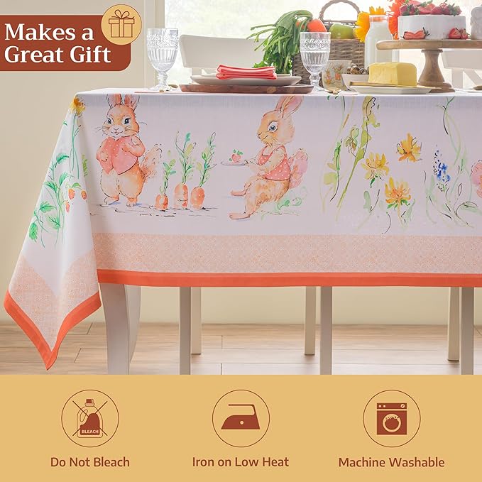 Maison d' Hermine Table Cloth Rectangle Table 100% Cotton 70 x 120 Inches Tablecloth Reusable Decorative for Dining Room Farmhouse Home Valentines Day Decorations Spring Summer - Bunny Party