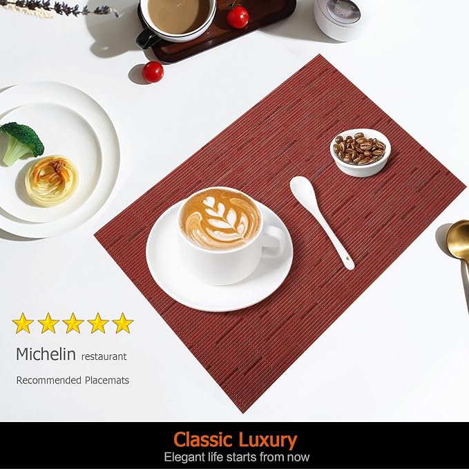 Red Vinyl Placemats Set of 8, Heat Resistant Table Placemats | 18x12 inch place - Image 2