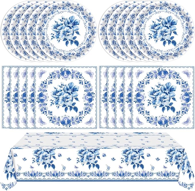 41Pcs Blue White Floral Party Decorations Disposable Tableware Set Serves 20 by Mainivo