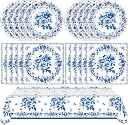 41Pcs Blue White Floral Party Decorations Disposable Tableware Set Serves 20 by Mainivo