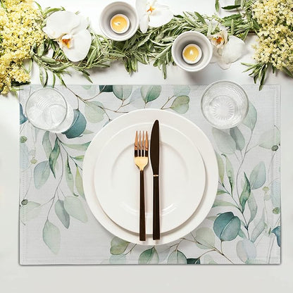 Sage Green Placemats Set of 4 Washable Non-Slip Heat Resistant 12×18 Inch Spring Watercolor Eucalyptus Leaves Thick Place Mats Decorative Linen Fabric Table Mat for Dining Table Kitchen Home Decor
