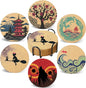 Coasters for Drinks with Holder Set of 6, Japanese Cork Coasters Absorbent Animation for Office Desk Cup Table Coaster Kitchen Decor Inspired House Warming Gifts for New Home Couples, Round 4"