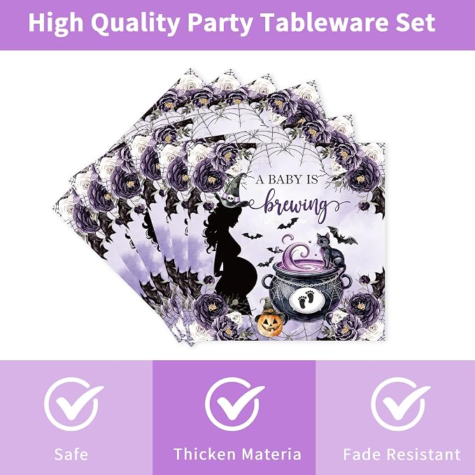 96 Pcs A Baby Is Brewing Halloween Baby Shower Decorations, Witch Brew Plates - Image 4