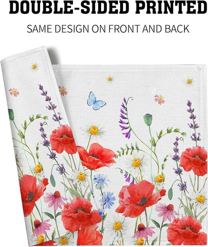 Red Poppy Floral Spring Place Mats Set of 4,Summer Flowers Leaves Place Mats Seasonal Table Mats for Party Kitchen Dining Decoration 12x18 Inch