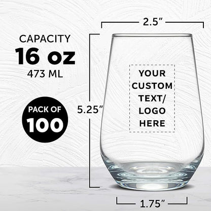 DISCOUNT PROMOS 100 Vaso Silicia Stemless Wine Glasses Set, 16 oz. - Personalized Text, Logo - Clear, Orb-Like, Thick base - Clear
