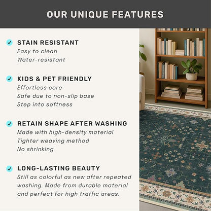 Dark Green Oushak 5x7 Living Room Rug - Modern Vintage Boho Eclectic Floral Pastel, Washable Low Pile Non-Slip Large Area Rugs for Nursery Dining Under Table Bedroom Lounge