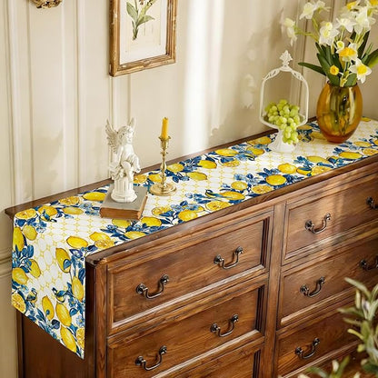 Summer Lemon Bird Table Runner Spring Blue Flowers Burlap Table Runners - Image 5