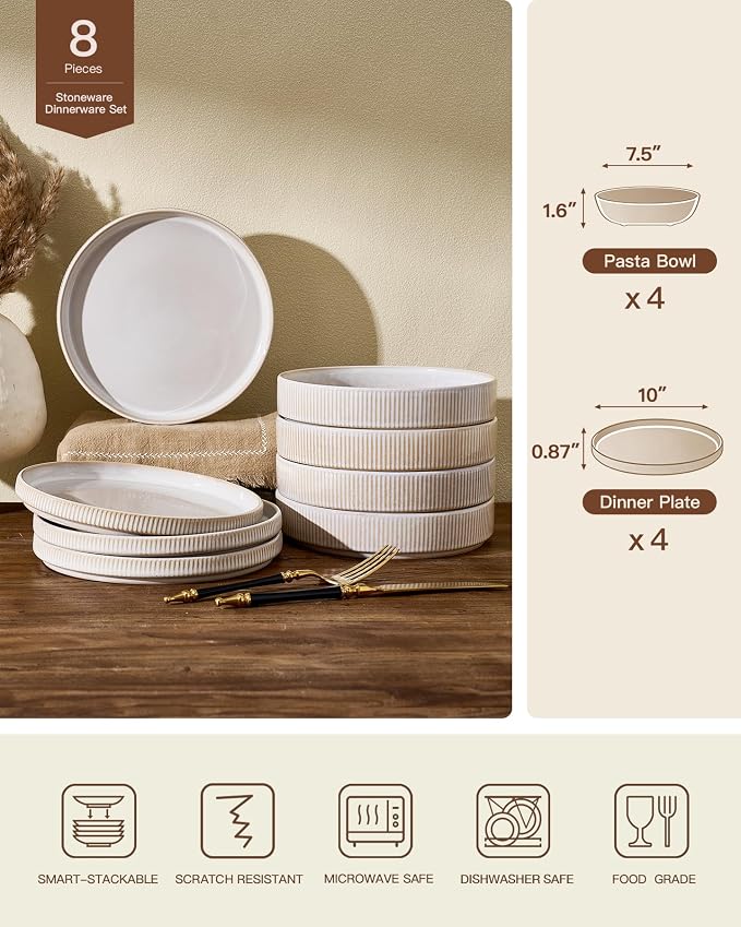 Stoneware Dinnerware Sets for 4, 8-Piece Wide Pasta Bowls and Salad Plates | - Image 2