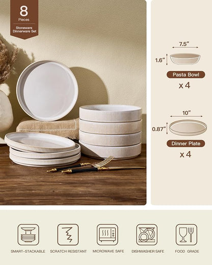 Stoneware Dinnerware Sets for 4, 8-Piece Wide Pasta Bowls and Salad Plates | - Image 2