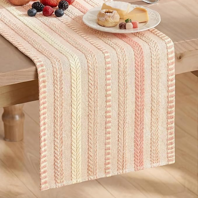 Artoid Mode Pink Farmhouse Stripe Braided Table Runner 12x72 Inch | Holiday by ArtoidMode