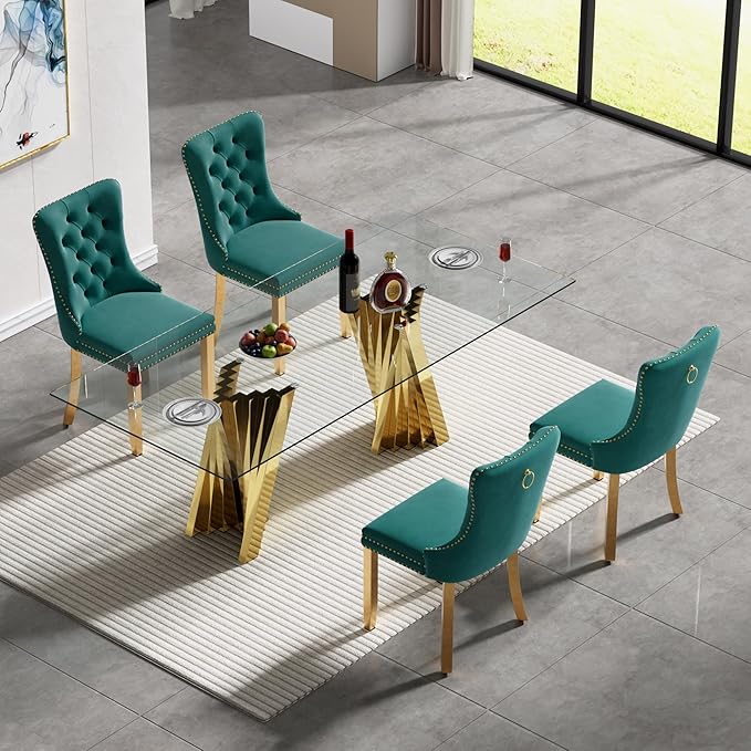 5 Piece Glass Dining Table Set,70" Dinner Room Glass Table Set for 4,Modern Kitchen Dinner Table Set with Stainless Steel Base and 4 Upholstered Velvet Dining Chairs for Living Dining Room
