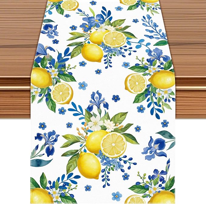Lemon and Blue Floral Table Runner, 48 x 13 inches | Linen Texture Fabric by Unknown