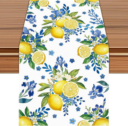 Lemon and Blue Floral Table Runner | Linen Texture Fabric, Easy Care Machine by Unknown