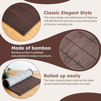 Bamboo Placemats Set of 4 Rectangular Natural Bamboo Table Mats for Dining Kitchen Table Protection Heat Resistant 17.7" W x 11.8" L Dark Brown