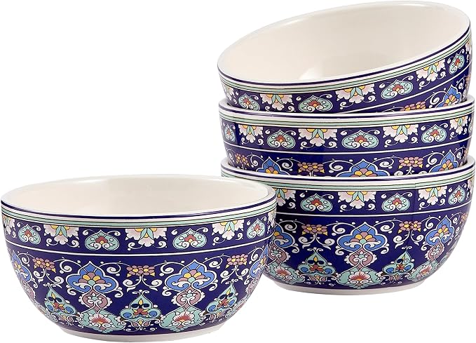 Bico Mandala Kaleidoscope Cereal Bowls Set of 4, 26 oz Deep Ceramic Soup Bowls by Bico