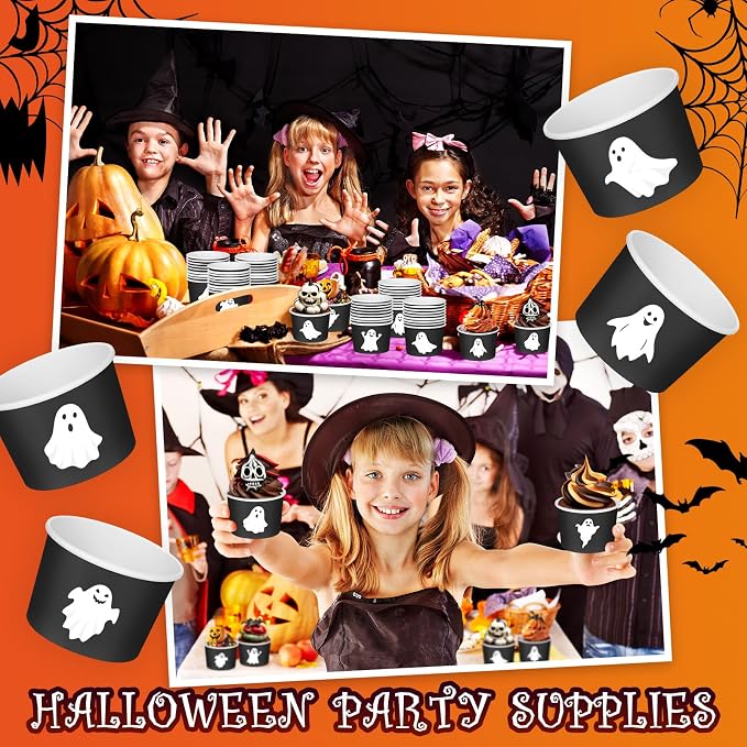 CHENGU 60 Pcs Halloween Snack Cups 9 oz Disposable Ghost Paper Ice Cream Bowls - Image 4