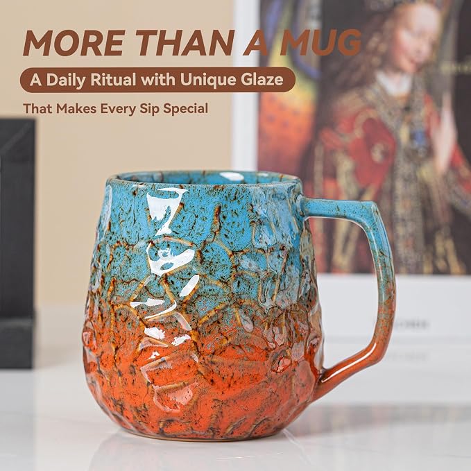 18oz Unique Blue & Orange Kiln-Change Ceramic Coffee Mug, Handcrafted Hammered - Image 7