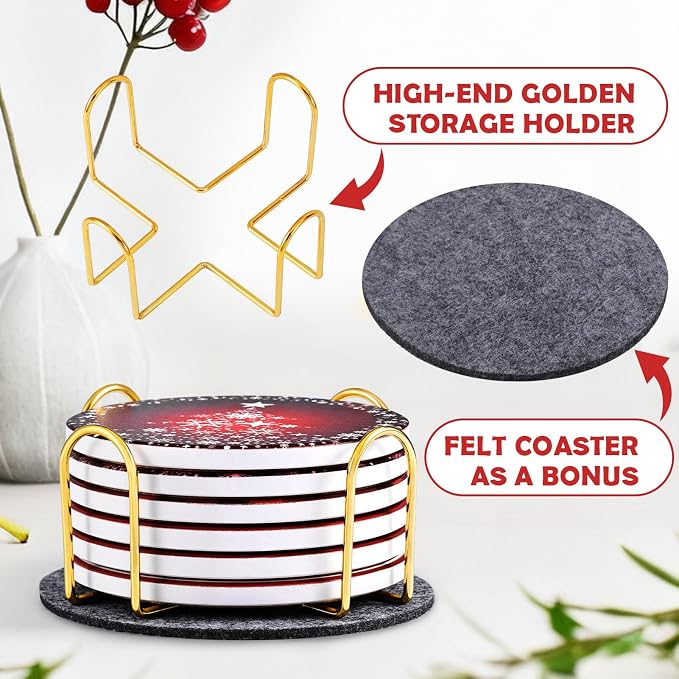 Christmas Coasters Set of 6, Absorbent Ceramic Xmas Holiday Drink Coasters | 4 - Image 5