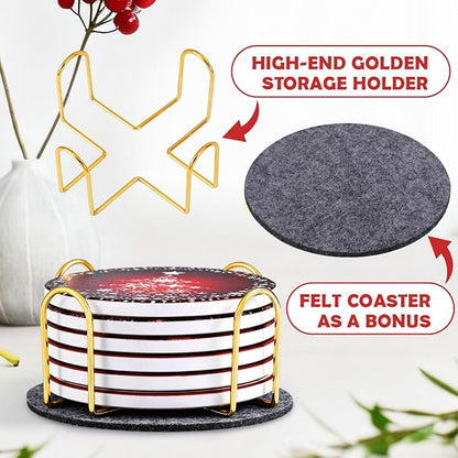 Christmas Coasters Set of 6, Absorbent Ceramic Xmas Holiday Drink Coasters | 4 - Image 5
