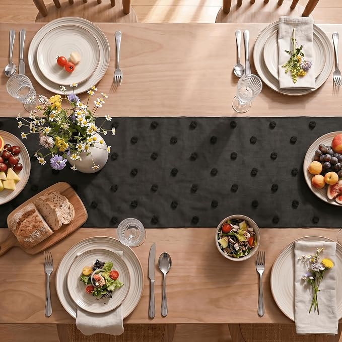 Artoid Mode Black Pom Pom Tulle Table Runner, Seasonal Halloween Washable - Image 3