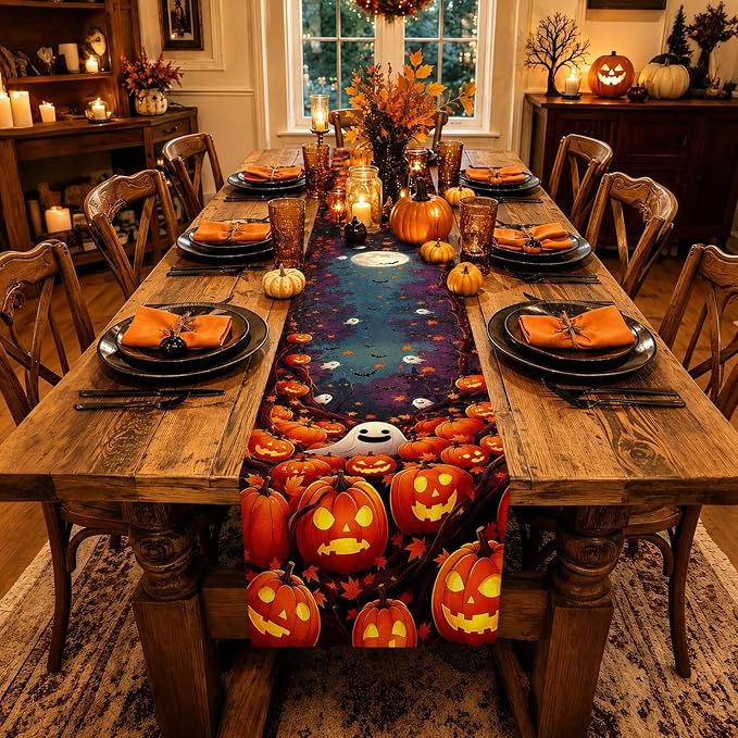 13x72in Halloween Table Runner, Pumpkin Ghost Halloween Decor - Image 3